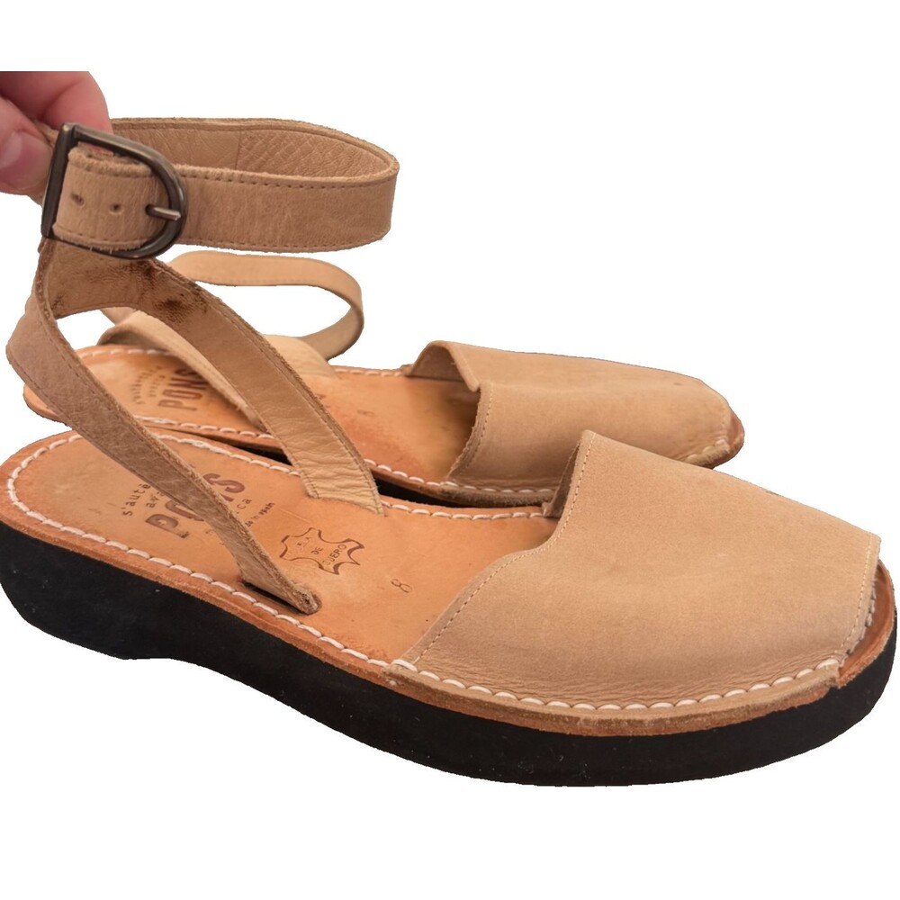 Pons Leather Sandals Womens Size 8 Tan Ankle Strap Comfort Walking Spain